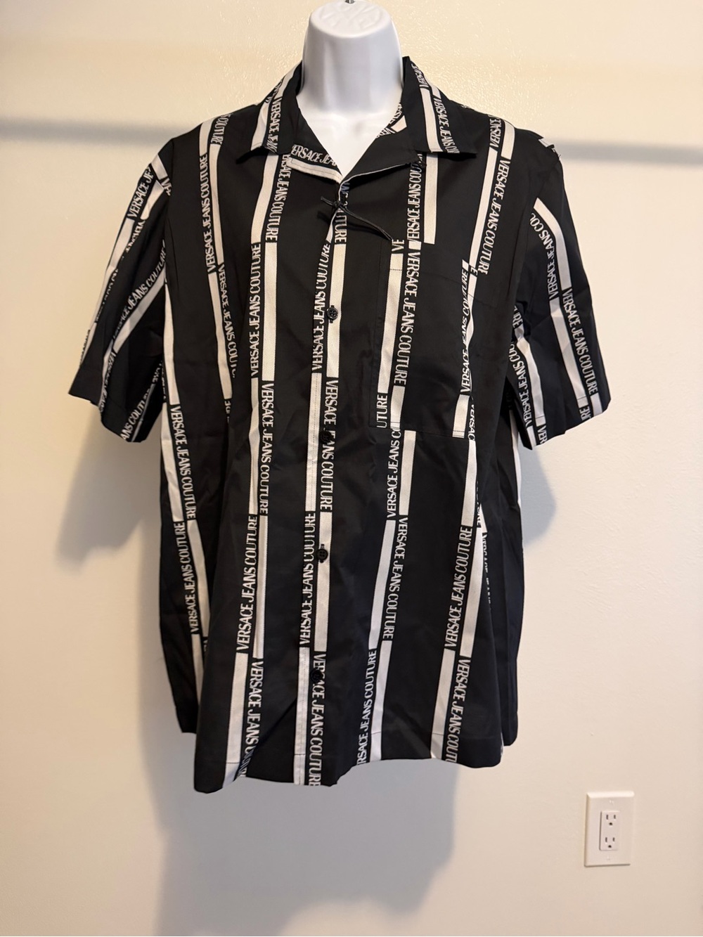 Versace Jeans Collection Black and White Vertical Logo Button-Up Shirt